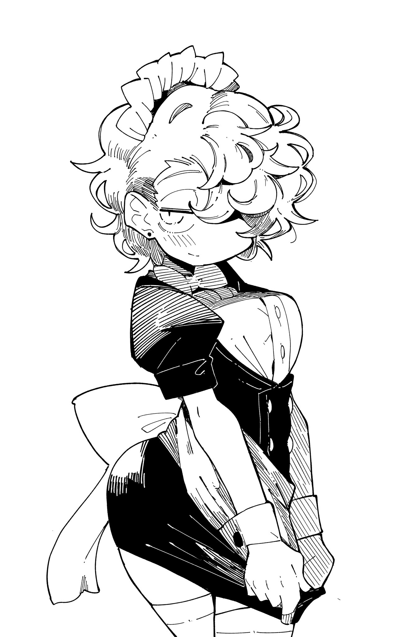 shimazaki1152, original, highres, 1boy, 1girl, alternate costume, apron, curly hair, dress, earrings, glasses, greyscale, hair over one eye, jewelry, long sleeves, looking at viewer, maid, monochrome, puffy short sleeves, puffy sleeves, short sleeves, skirt, skirt tug, solo, wrist cuffs