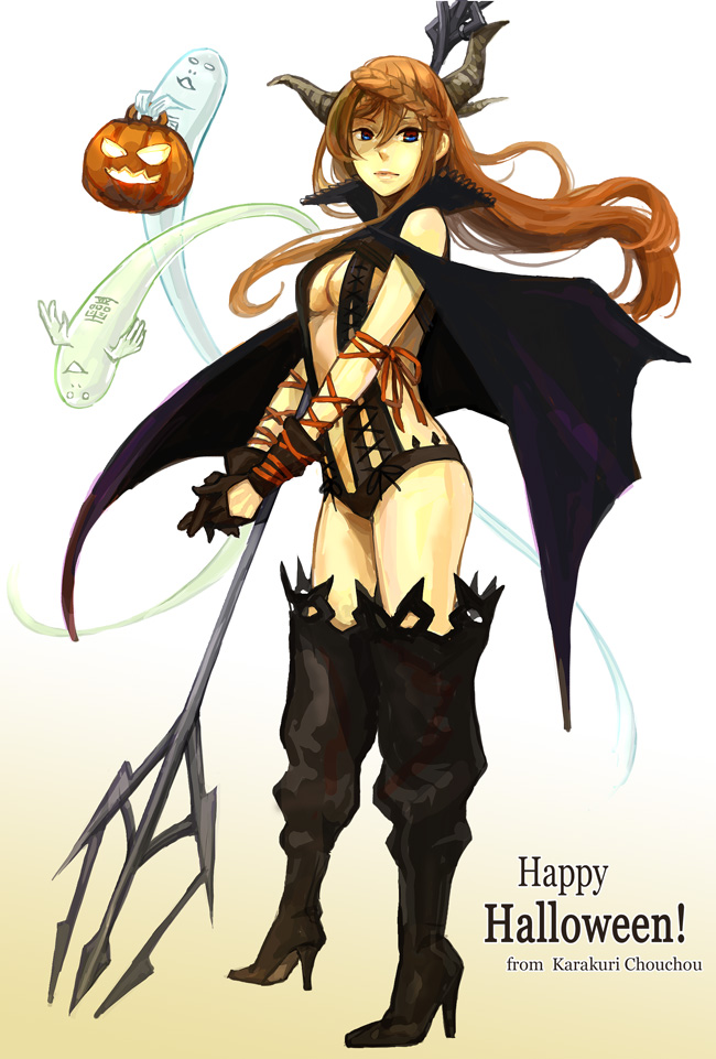 koaki, original, 1girl, boots, female focus, ghost, halloween, happy halloween, jack-o'-lantern, pumpkin, solo, thigh boots, thighhighs