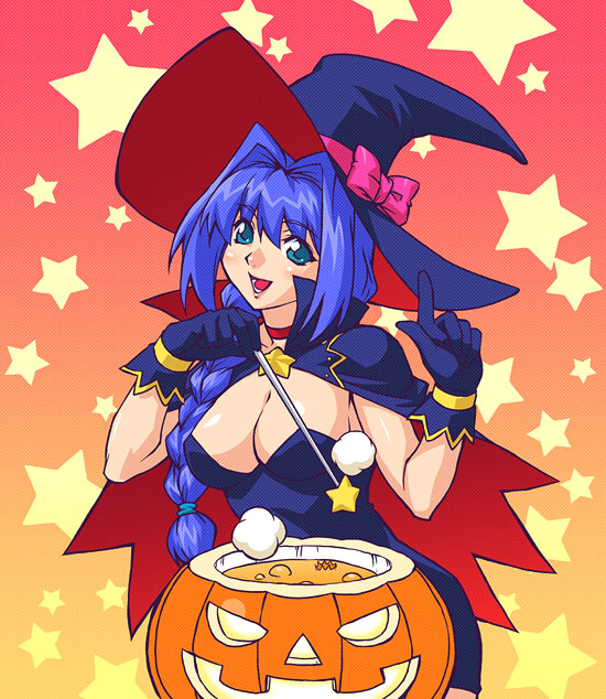 zen, minase akiko, kanon, 1girl, blue eyes, blue hair, braid, breasts, cleavage, cowboy shot, female focus, gradient background, hair intakes, hair over shoulder, halloween, hat, jack-o'-lantern, matching hair/eyes, mature female, pumpkin, single braid, solo, star (symbol), star symbol background, witch, witch hat