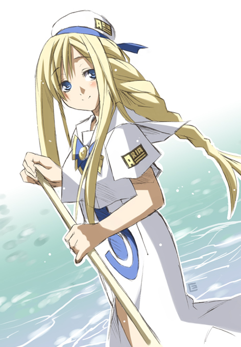 eretto, alicia florence, aria (manga), 00s, 1girl, blonde hair, blouse, braid, braided ponytail, dress, dutch angle, female focus, hat, long hair, oar, shirt, single braid, smile, solo, standing, water, white shirt