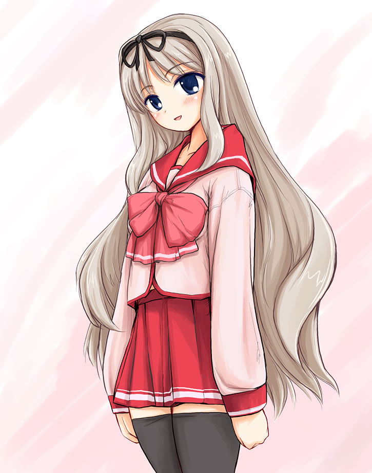 ryp, kusugawa sasara, to heart (series), to heart 2, 00s, 1girl, black thighhighs, blonde hair, female focus, flat chest, long hair, pleated skirt, school uniform, serafuku, skirt, solo, thighhighs, very long hair, zettai ryouiki