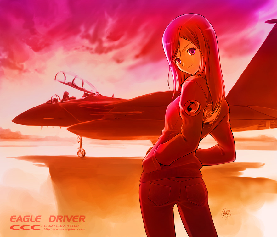 shirotsumekusa, f-15, original, 1girl, aircraft, airplane, denim, drop tank, f-15 eagle, female focus, fighter jet, hands in pockets, jeans, long hair, looking back, military, military vehicle, pants, purple eyes, smile, solo, sunset, vehicle focus