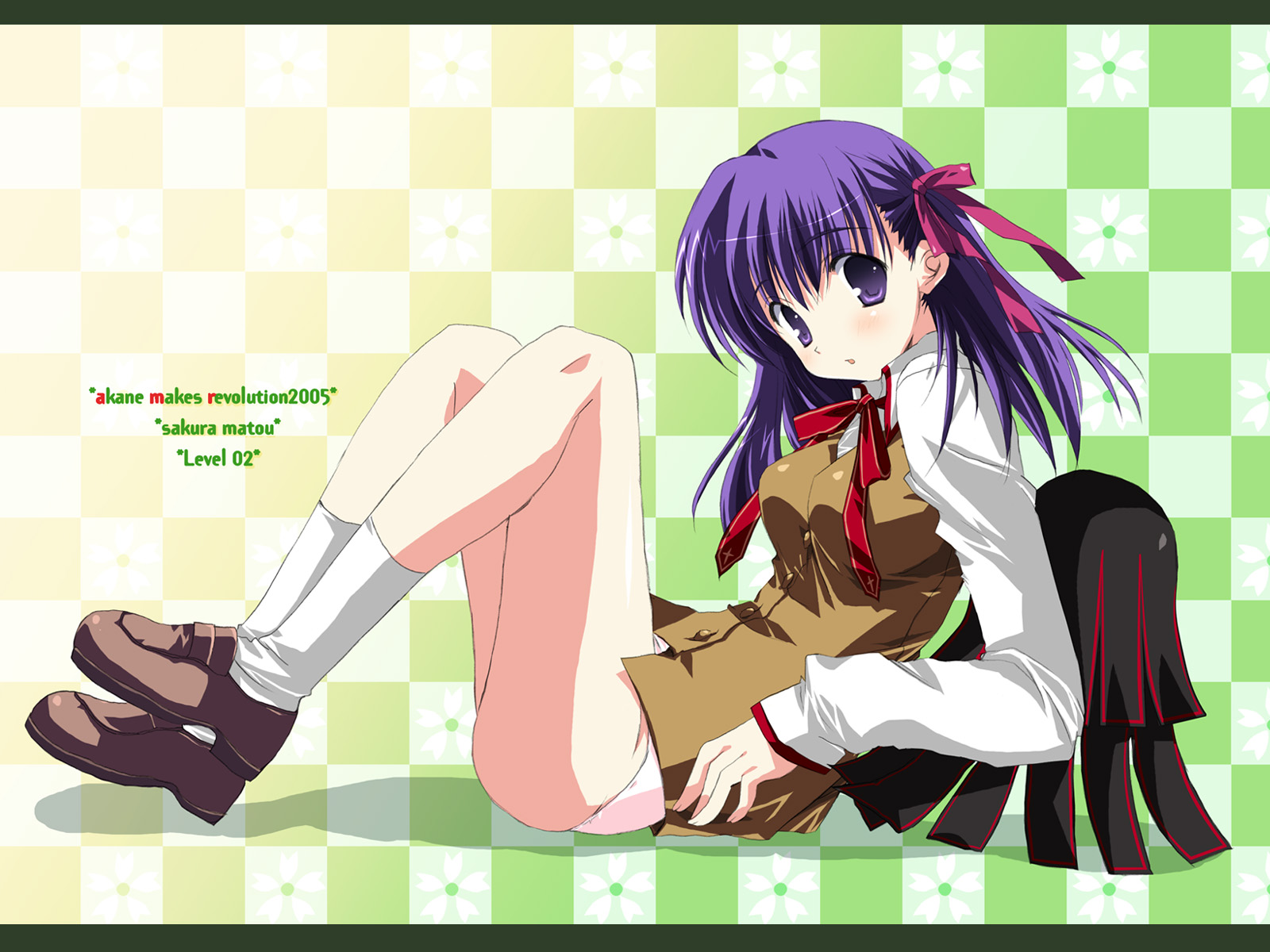 ikegami akane, matou sakura, fate/stay night, fate (series), highres, 00s, blush, bottomless, dress shirt, hair ribbon, legs up, long hair, no pants, panties, pink panties, purple eyes, purple hair, ribbon, shirt, shoes, sitting, socks, underwear, vest