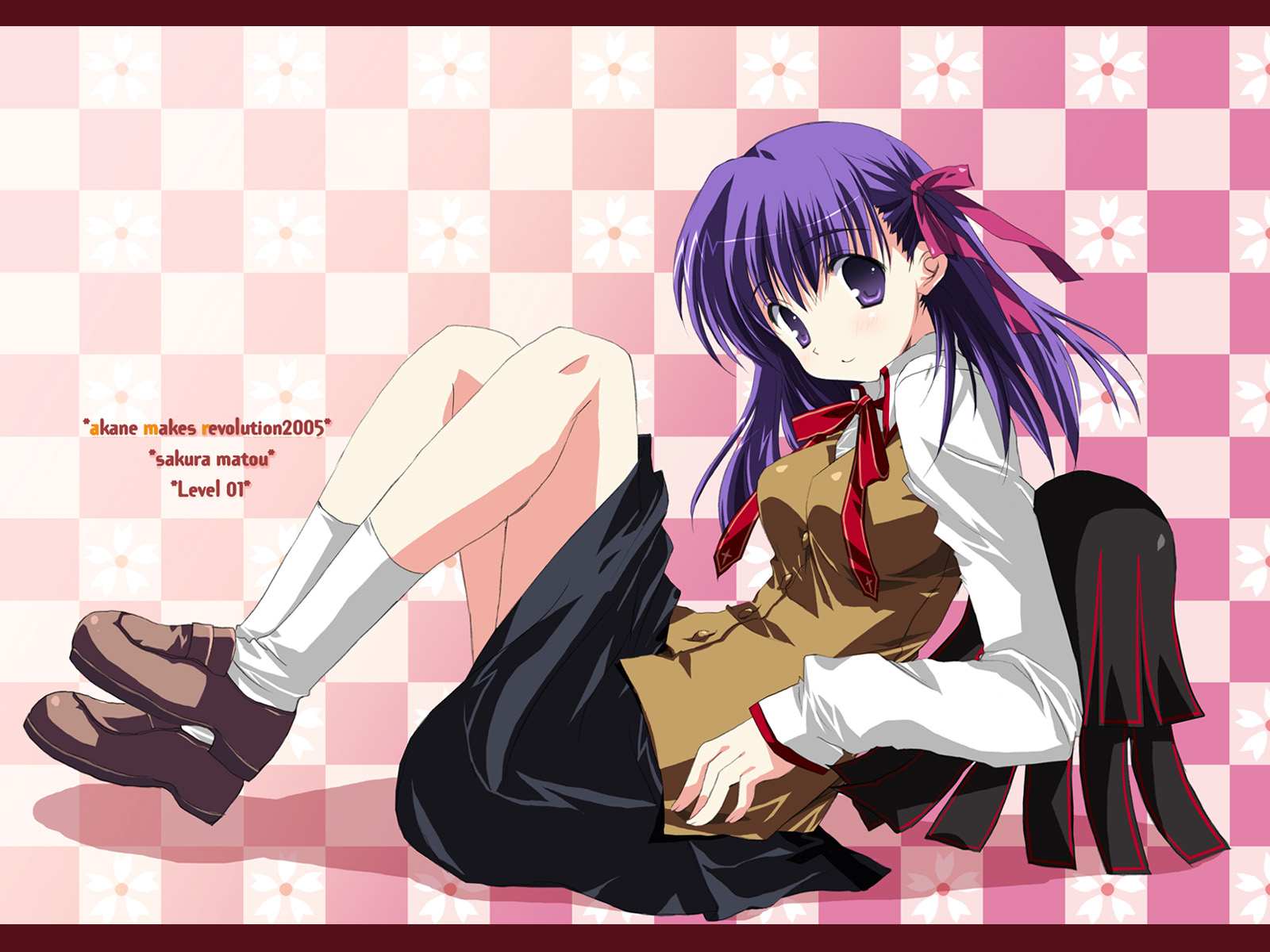 ikegami akane, matou sakura, fate/stay night, fate (series), highres, 00s, 1girl, 2005, blue hair, character name, checkered background, female focus, floral background, grey eyes, hair ribbon, knees up, leaning back, looking at viewer, no pants, ribbon, skirt, solo, vest