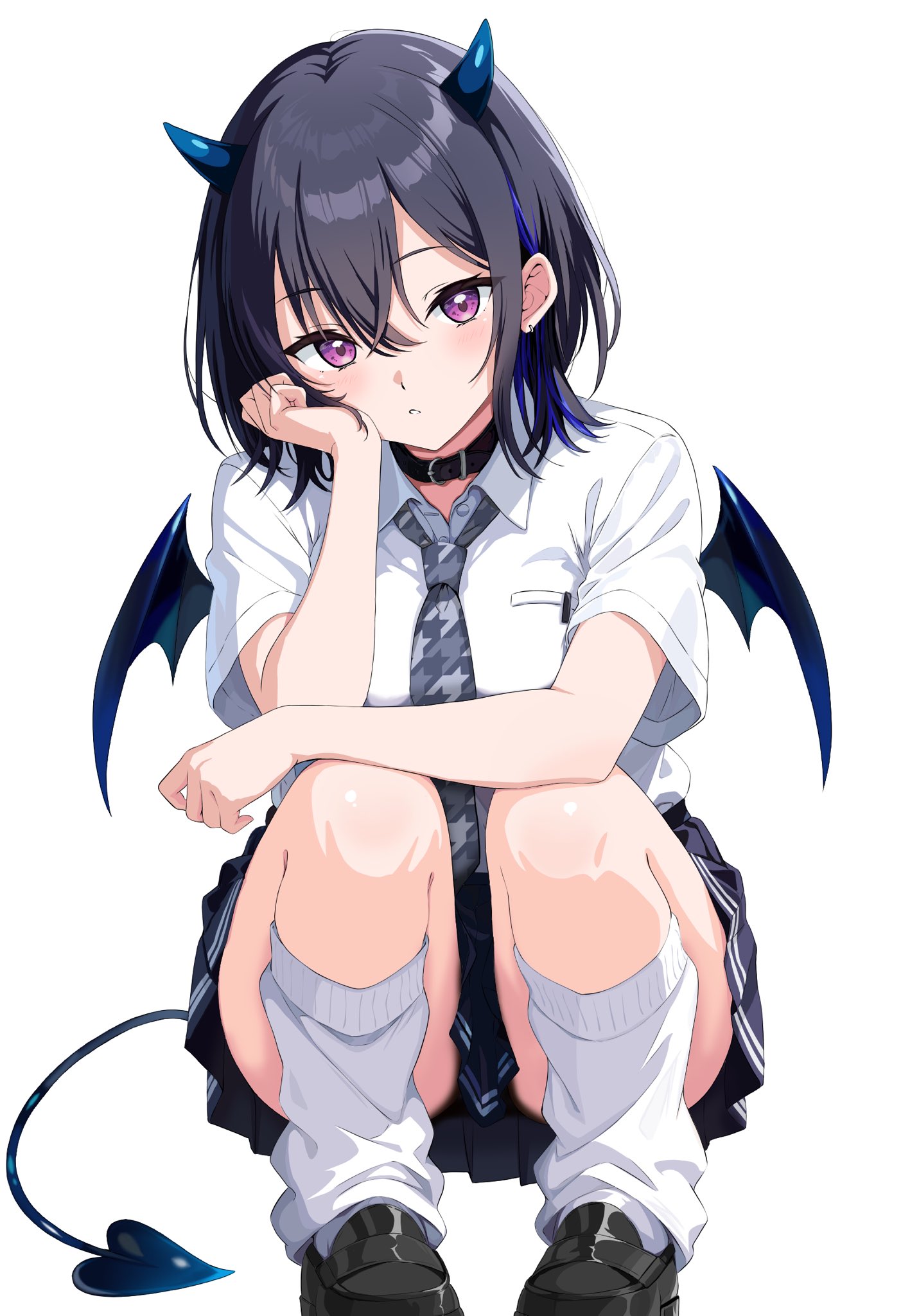 eqbal lynx, ichinose uruha, vspo!, highres, 1girl, black choker, black hair, black shoes, black skirt, black wings, blue horns, choker, collared shirt, demon tail, grey necktie, heart, heart tail, horns, leg warmers, looking at viewer, medium hair, mini wings, necktie, purple eyes, shirt, shoes, short sleeves, simple background, skirt, small horns, solo, squatting, tail, virtual youtuber, white background, white leg warmers, white shirt, wings