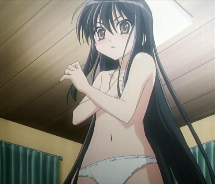 shana, shakugan no shana, anime screenshot, stitched, third-party edit, 00s, black hair, breasts, brown eyes, covering breasts, covering privates, episode4, long hair, navel, panties, solo, standing, topless female, underwear, underwear only, very long hair, white panties