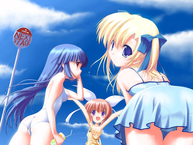 kokonobi, hagino kana, housen elis, misaki sumire, canvas 2, 00s, 3girls, arms up, ass, bad anatomy, bad proportions, blonde hair, cloud, day, dress, drink, english text, fang, looking back, multiple girls, one-piece swimsuit, outdoors, overalls, panties, poorly drawn, road sign, sign, smile, swimsuit, swimsuit under clothes, underwear