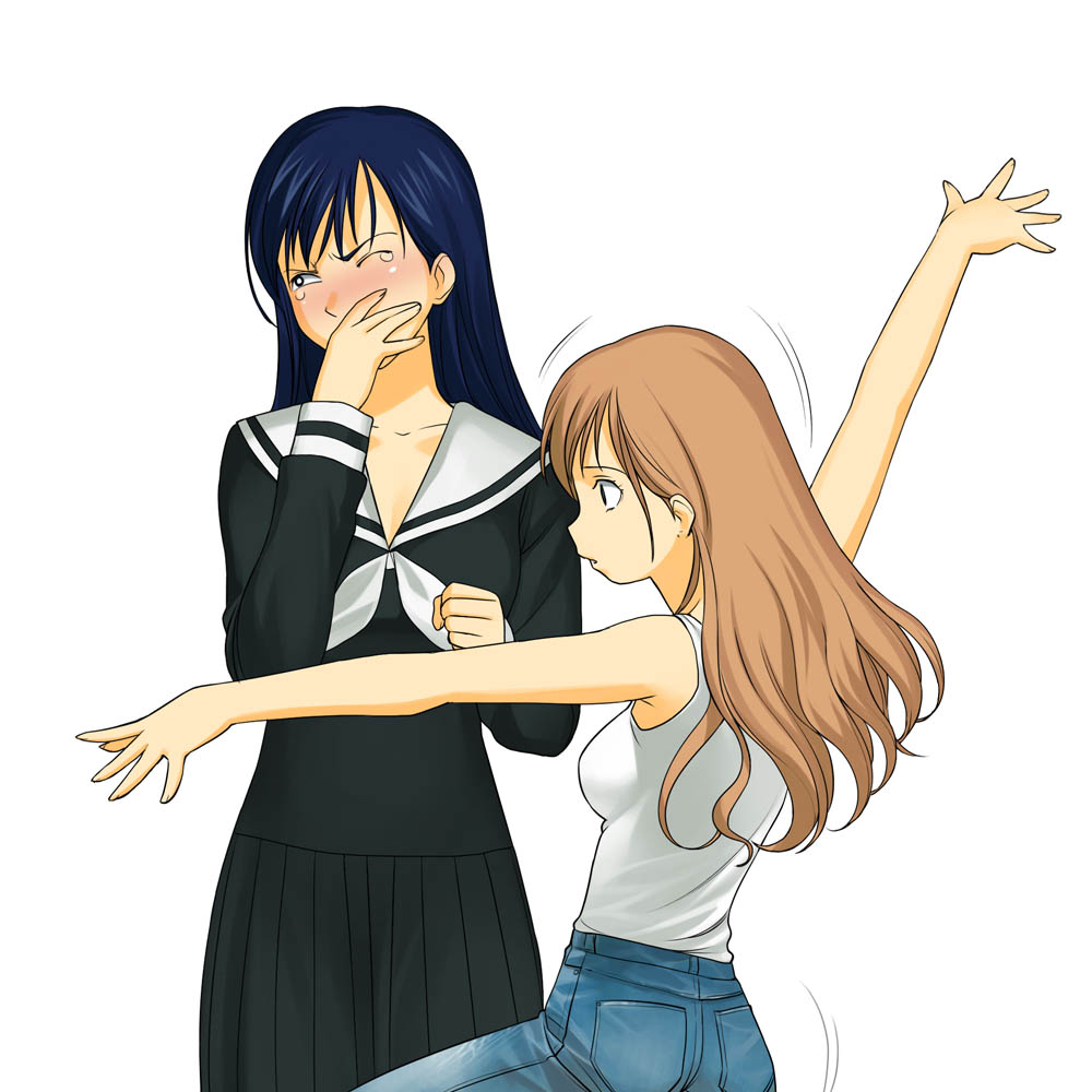 a1 (initial-g), ogasawara sachiko, toudou shimako, maria-sama ga miteru, looking away, 00s, 2girls, ass, black hair, blonde hair, blush, clenched hand, covering own mouth, denim, jeans, long hair, multiple girls, outstretched arms, pants, school uniform, simple background, tank top, tears, very long hair, what, wince