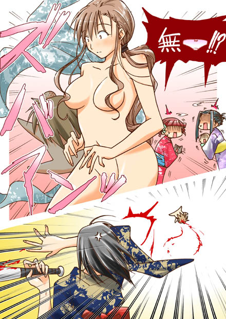 hosokawa kanako, matsudaira touko, nijou noriko, satou sei, toudou shimako, maria-sama ga miteru, 00s, 5girls, ^^^, ahoge, alternate costume, alternate hairstyle, anger vein, baseball bat, black hair, blonde hair, blood, breasts, brown hair, censored, chibi, chibi inset, clothes theft, comic, convenient censoring, drill hair, hair censor, hair over breasts, hair ribbon, hair up, head bump, hitting, japanese clothes, kimono, long hair, looking back, motion lines, multiple girls, no panties, nude, ponytail, ribbon, short hair, silent comic, surprised, theft, twintails, undressing, very long hair, yukata