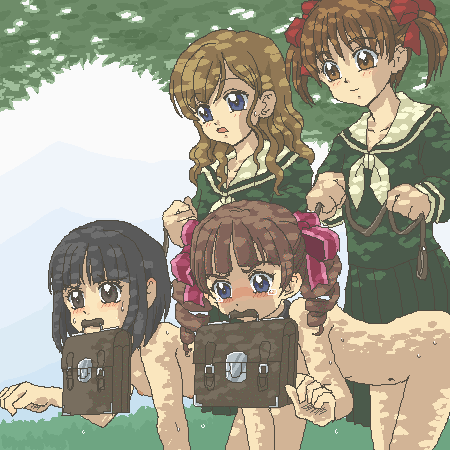 kasuga (kasuga39), fukuzawa yumi, matsudaira touko, nijou noriko, toudou shimako, maria-sama ga miteru, shueisha, lowres, 00s, 4girls, all fours, bag, bdsm, bitch taken for walk, blue eyes, blush, bondage, bound, breasts, brown eyes, brown hair, clothed female nude female, collar, dappled sunlight, drill hair, femdom, flat chest, grey eyes, hair ribbon, humiliation, jaggy lines, leash, leash pull, loli, lolidom, long hair, mouth hold, multiple girls, nipples, nude, oekaki, outdoors, pet play, public indecency, public nudity, ribbon, school bag, school uniform, serafuku, short hair, short twintails, slave, sunlight, sweat, tree, twin drills, twintails, yuri
