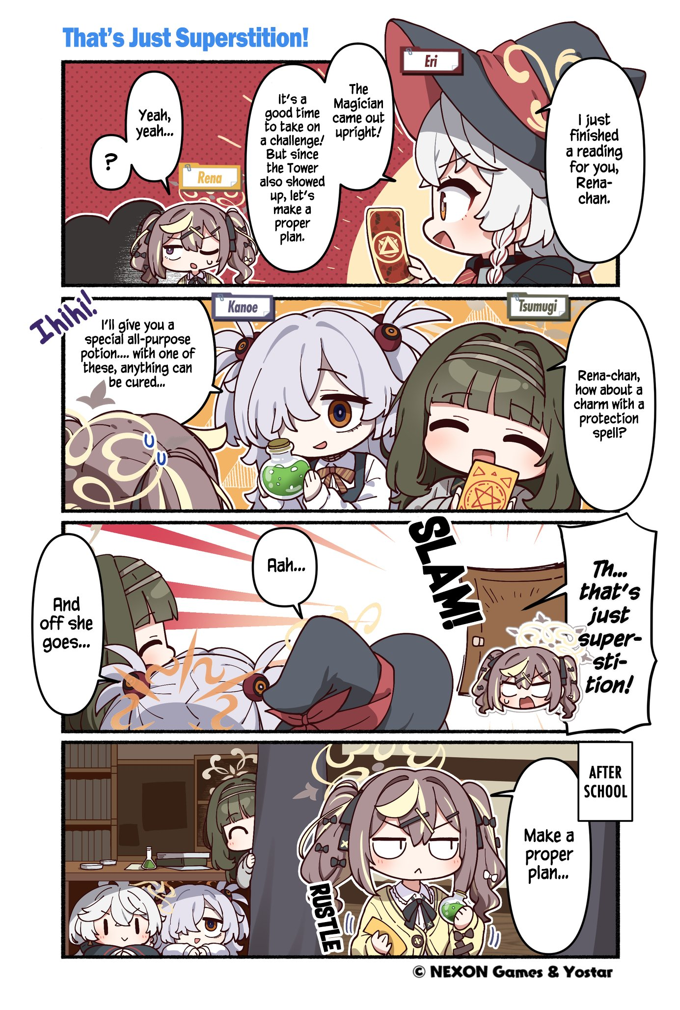 sergei (pattundo), eri (blue archive), kanoe (blue archive), rena (blue archive), tsumugi (blue archive), blue archive, official art, translated, 4girls, bow, bowtie, brown hair, card, chibi, comic, door slam, english translation, green hair, hair ribbon, halo, hat, multiple girls, necktie, potion, ribbon, school uniform, under table, white hair, witch hat