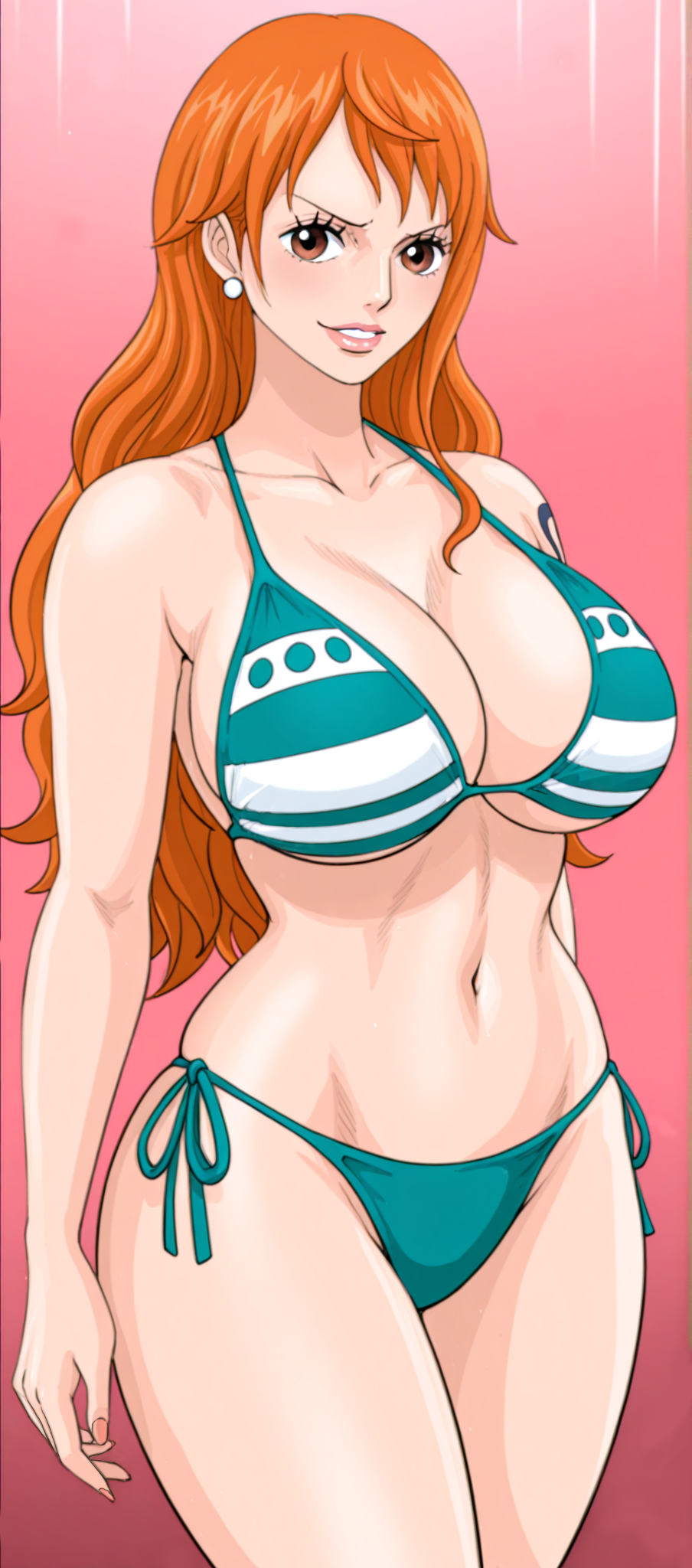 nami (one piece), one piece, 1girl, bikini, breasts, curvy, large breasts, long hair, looking at viewer, orange hair, swimsuit, thong bikini, wide hips