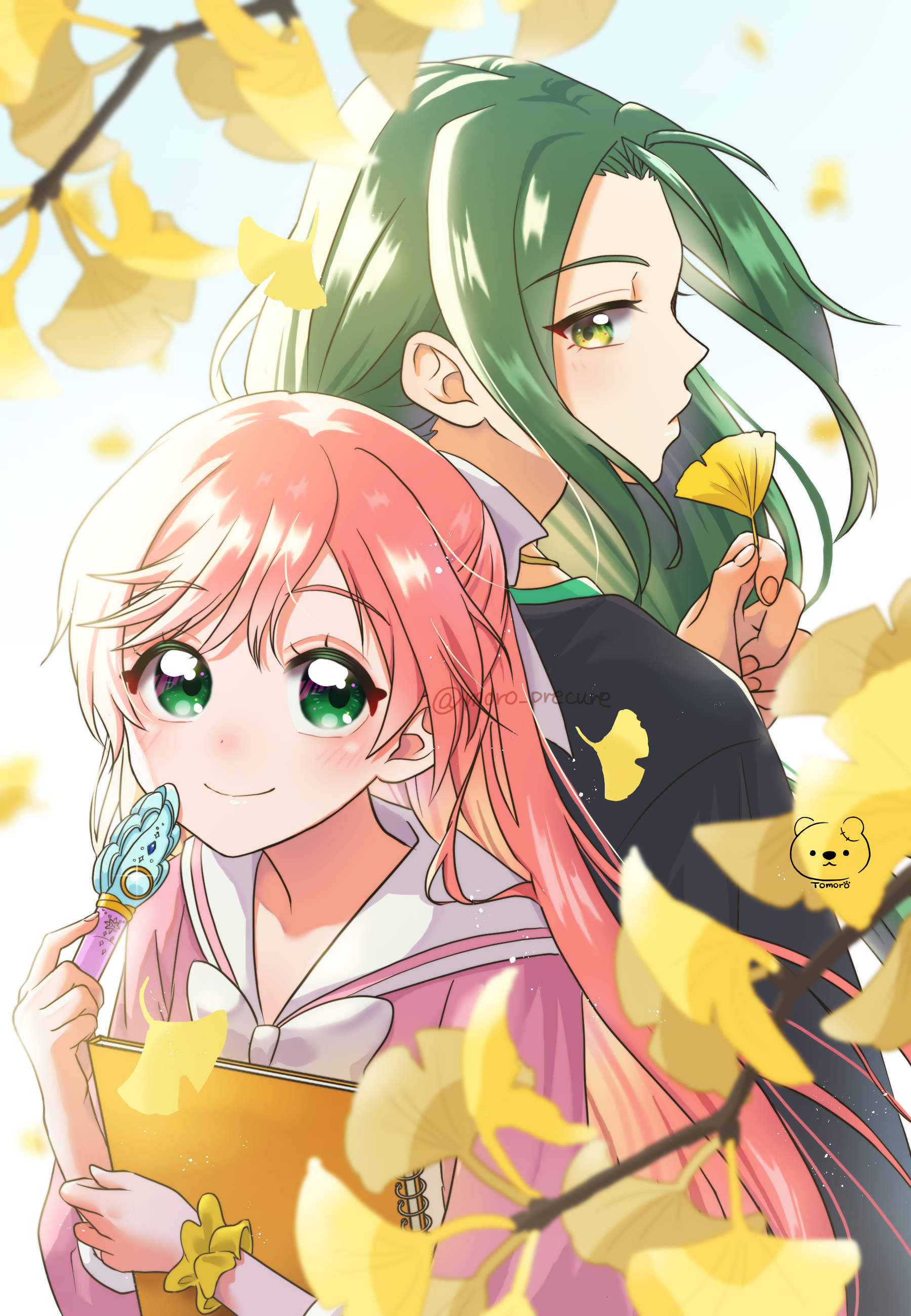 moro precure, battamonda, nijigaoka mashiro, hirogaru sky! precure, precure, absurdres, highres, 1boy, 1girl, artist logo, artist name, back-to-back, backlighting, black shirt, bow, bowtie, casual, dress, ginkgo tree, green eyes, green hair, hair ribbon, holding, holding notebook, holding pen, logo, long hair, long sleeves, looking at viewer, looking back, mirage pen, notebook, pen, pink dress, pink hair, ribbon, sailor collar, sailor dress, scrunchie, shirt, simple background, tree, twitter username, two-tone dress, white background, white bow, white bowtie, white dress, white ribbon, white sailor collar, wrist scrunchie, yellow eyes