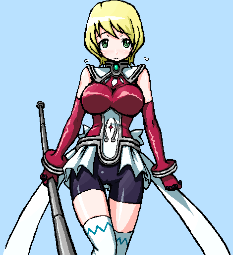 shirono, erstin ho, my-otome, 00s, 1girl, battlesuit, blonde hair, female focus, green eyes, impossible clothes, impossible shirt, overskirt, shirt, short hair, solo, thighhighs, thighs