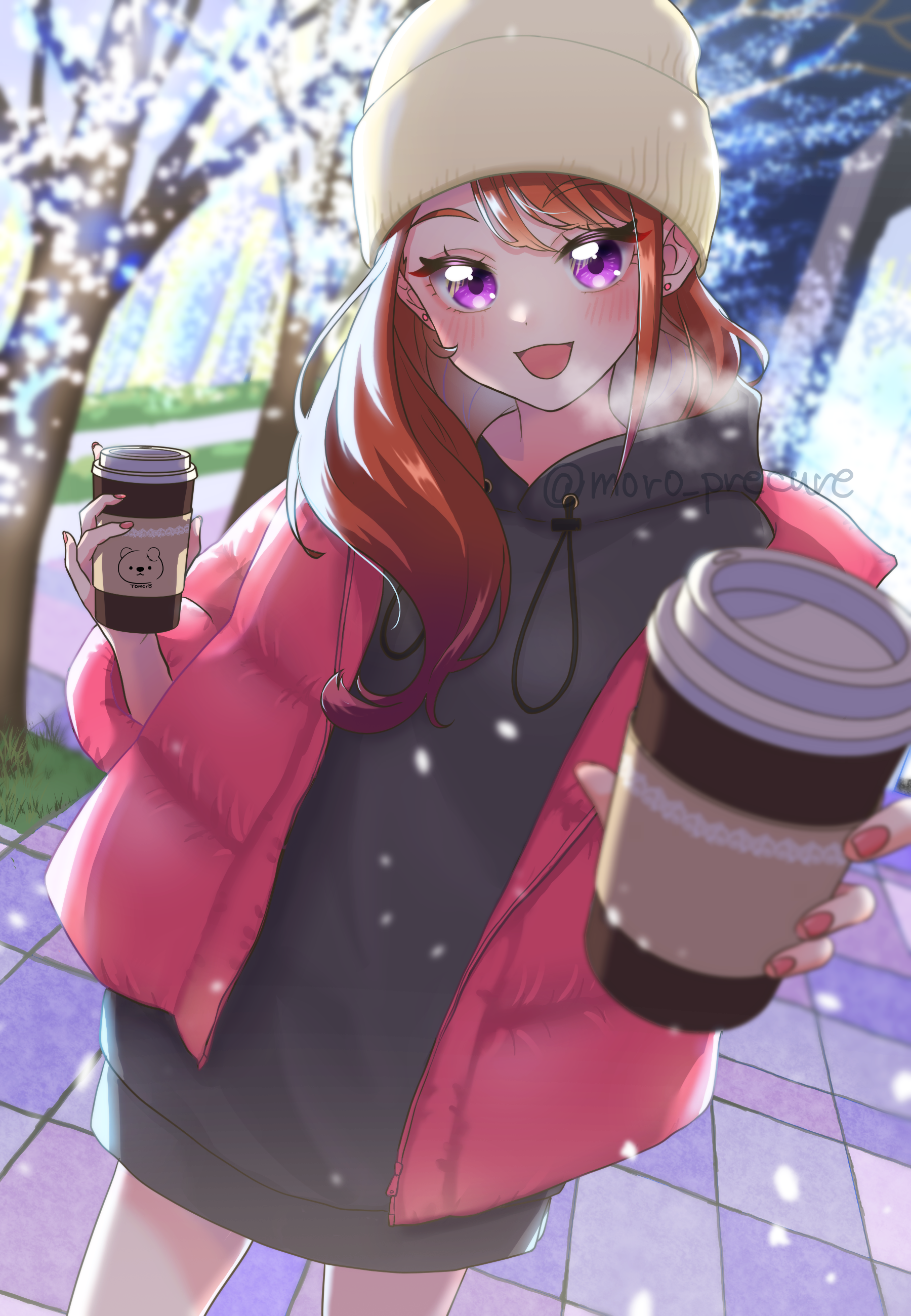 moro precure, hijiri ageha, hirogaru sky! precure, precure, absurdres, commentary, highres, 1girl, :d, artist logo, artist name, black hoodie, blurry, blurry background, blurry foreground, blush, breath, brown hair, coat, coffee, cup, depth of field, disposable coffee cup, disposable cup, drawstring, earrings, eyelashes, happy, holding, holding cup, hood, hoodie, jacket, jewelry, logo, long hair, long hoodie, looking at viewer, night, open clothes, open coat, open mouth, outdoors, pink eyes, pink jacket, pov, smile, snow, snowing, solo, standing, stud earrings, twitter username, winter clothes
