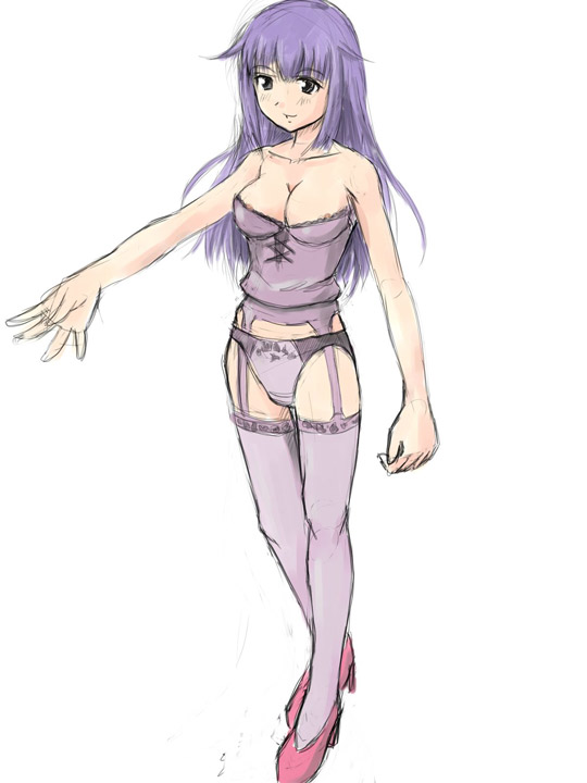 otsutama, arin (pangya), pangya, 1girl, bad anatomy, bad proportions, corset, female focus, lingerie, panties, poorly drawn, purple panties, purple thighhighs, solo, thighhighs, underwear, underwear only