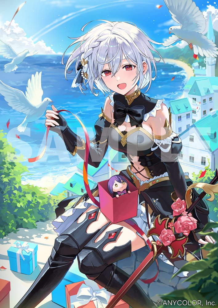 ryugisa, shizuka rin, nijisanji, 1girl, animal, armor, bare shoulders, beach, bird, black armor, black bow, black dress, black gloves, black sleeves, blue sky, bow, braid, breasts, copyright notice, detached sleeves, dress, fingerless gloves, flower, gloves, leg armor, medium breasts, medium hair, navel, ocean, open mouth, pink flower, red eyes, sample watermark, sky, solo, sword, vambraces, virtual youtuber, water, watermark, weapon, white bird, white hair