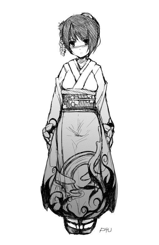 f4u, f4u (naitou2), original, 1girl, asymmetrical hair, blush, female focus, full body, furisode, geta, greyscale, hair ornament, japanese clothes, kimono, looking at viewer, monochrome, obi, okobo, platform sandals, sandals, sash, short hair, signature, solo, standing, tabi