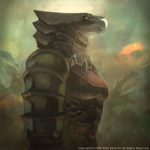 nouzui, original, lowres, arm guards, armor, beak, choker, expressionless, fantasy, fire, from side, helmet, muscular, no humans, outdoors, red eyes, rock, shoulder pads, solo, upper body