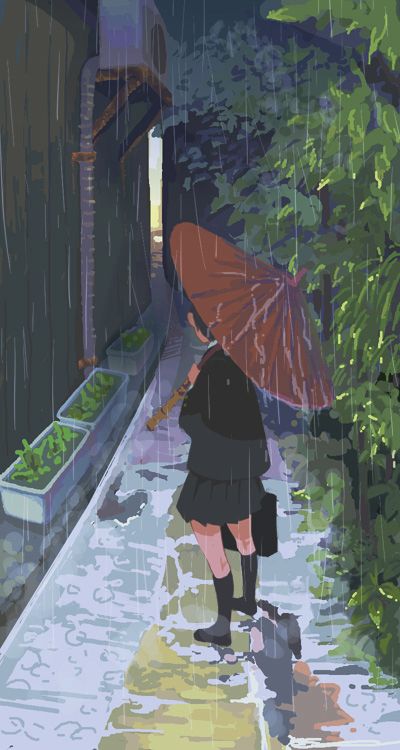 purimari, original, 1girl, female focus, oil-paper umbrella, rain, school uniform, serafuku, solo, umbrella