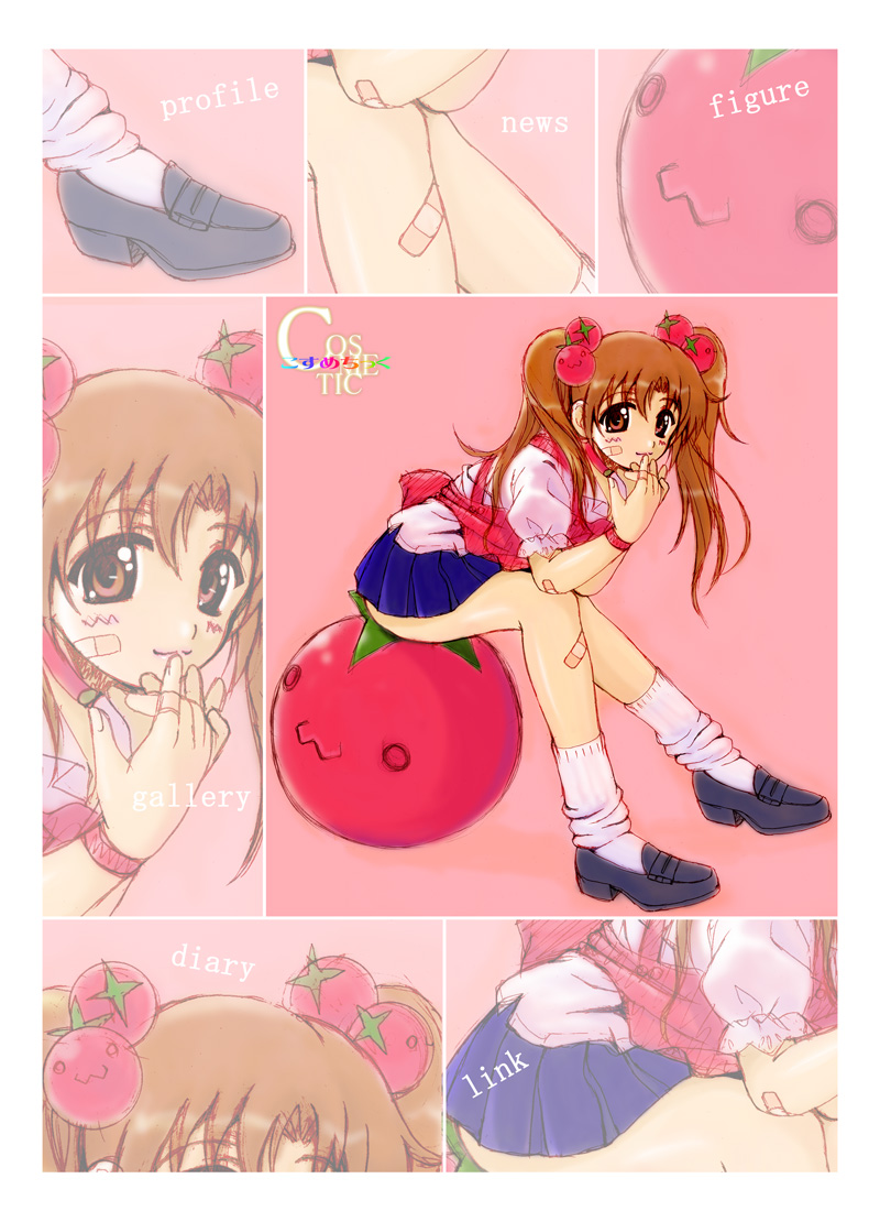 bells (artist), original, 1girl, :3, bandaid, bandaid on face, bandaid on hand, blue skirt, brown eyes, brown hair, comic, food-themed hair ornament, hair ornament, kneehighs, loafers, long hair, loose socks, miniskirt, pleated skirt, puffy short sleeves, puffy sleeves, shoes, short sleeves, sitting, skirt, smile, socks, tomato, twintails, white socks