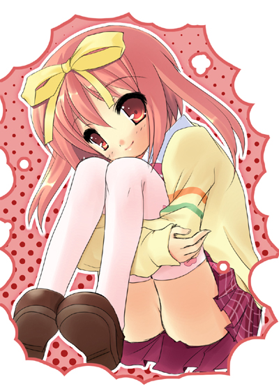 yukizuki chikuba, akihime sumomo, nanatsuiro drops, original, 00s, 1girl, female focus, no panties, plaid clothes, plaid skirt, skirt, solo, thighhighs