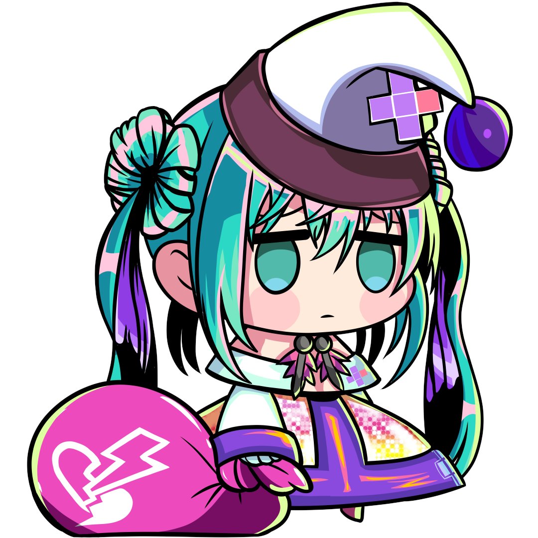 kouto matai, medico (dohna dohna), dohna dohna issho ni warui koto o shiyou, 1girl, blue eyes, blue hair, capelet, chibi, chibi only, closed mouth, dress, full body, hat, holding, holding sack, meme, no nose, padoru (meme), sack, santa hat, solo, twintails, white hat