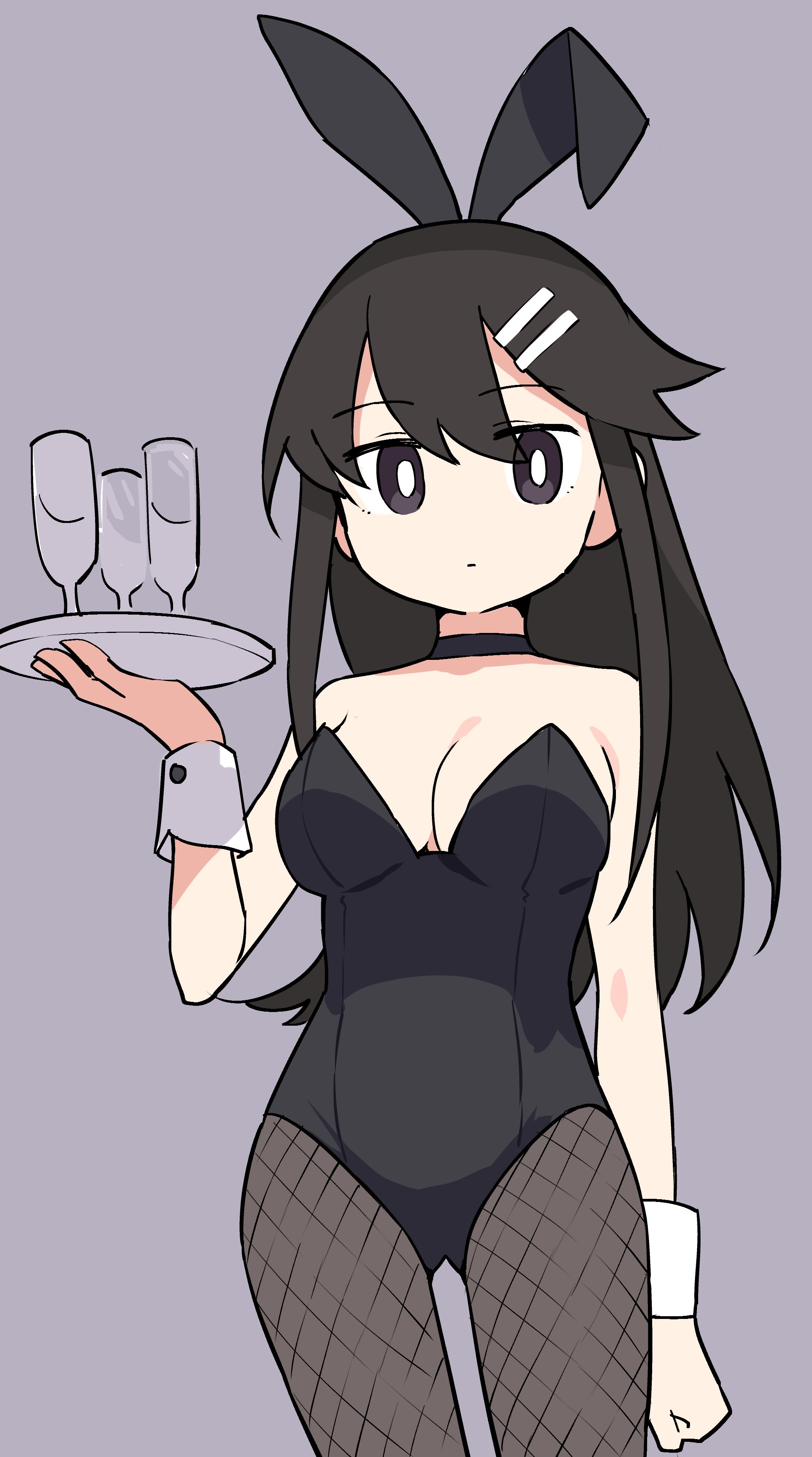 pedopetton, original, absurdres, highres, 1girl, animal ears, black hair, black leotard, bow, breasts, cleavage, cowboy shot, cup, detached collar, drinking glass, fake animal ears, fishnets, grey background, grey eyes, hair ornament, hairclip, holding, holding tray, leotard, long hair, looking at viewer, pantyhose, playboy bunny, rabbit ears, simple background, solo, standing, strapless, strapless leotard, tray, wrist cuffs