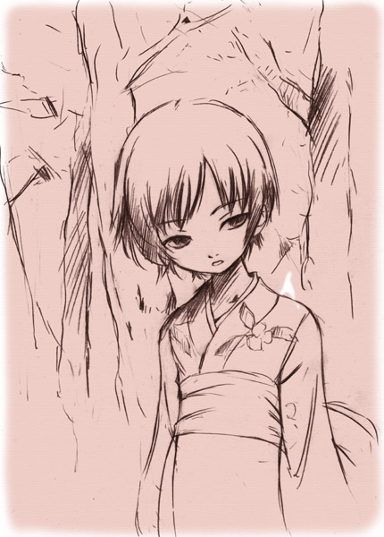 rt. (magic machinery), renzu (mushishi), mushishi, 1girl, female focus, japanese clothes, monochrome, pink theme, solo, tree