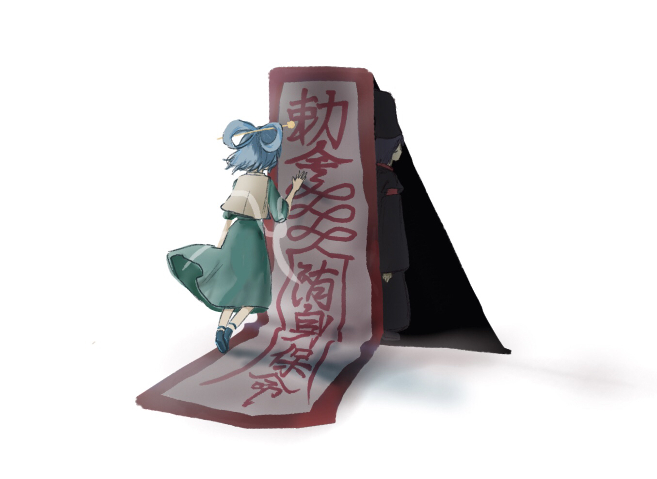 kaku seiga, miyako yoshika, miyako yoshika (living), touhou, commentary request, 2girls, black hat, black robe, blue dress, blue hair, blue shoes, dress, from behind, full body, hair ornament, hair rings, hair stick, hat, japanese clothes, kariginu, kouten, looking at another, multiple girls, ofuda, purple hair, robe, shoes, short hair, simple background, vest, white background, white vest