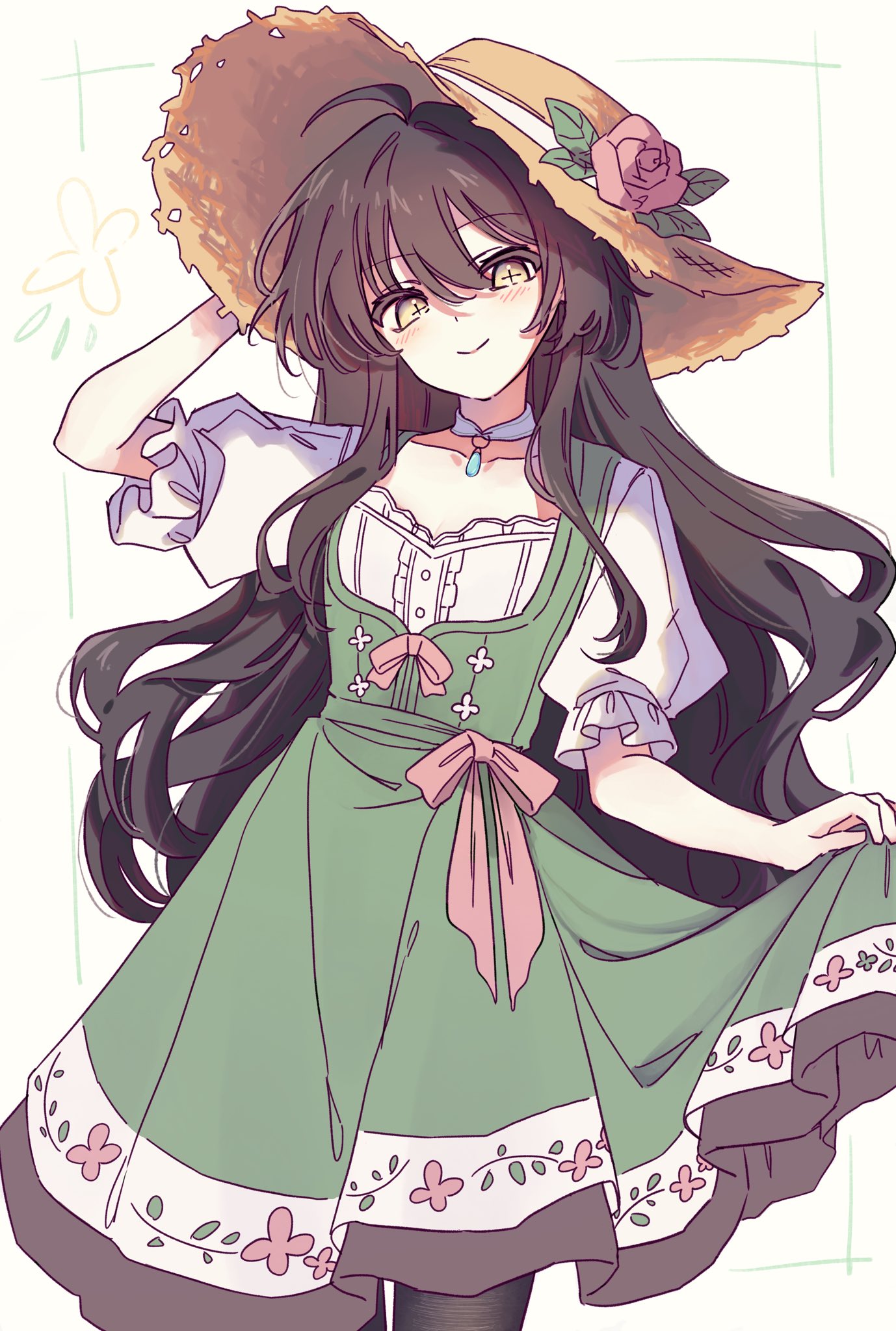 original, highres, 1girl, ahoge, black pantyhose, brown hair, collar, cross-shaped pupils, dress, flower, green dress, hand on headwear, hat, long hair, looking at viewer, okura 0915, pantyhose, rose, simple background, skirt hold, smile, solo, sun hat, symbol-shaped pupils, very long hair, white collar, yellow eyes