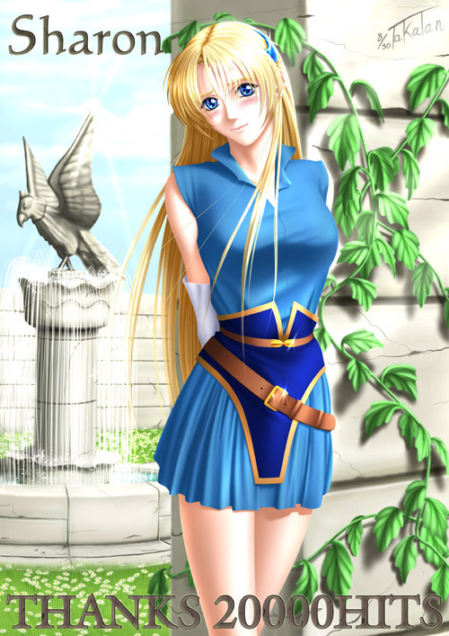 takatan, sharon (words worth), words worth, 1girl, arms behind back, artist name, belt, blonde hair, blue eyes, blush, character name, crescent, crescent hair ornament, elbow gloves, female focus, fountain, glint, gloves, hair ornament, long hair, looking at viewer, milestone celebration, smile, solo, standing, very long hair, white gloves
