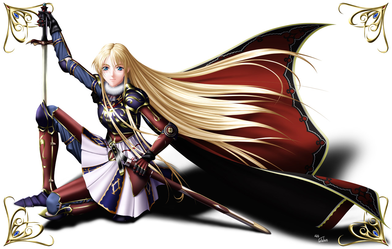 takatan, sharon (words worth), words worth, 1girl, armor, armored dress, blonde hair, blue eyes, cape, dress, female focus, long hair, sitting, solo, sword, very long hair, weapon