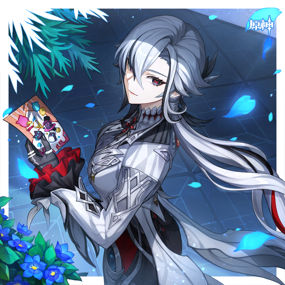arlecchino (genshin impact), genshin impact, chinese commentary, commentary request, official art, 1girl, black eyes, black hair, black pants, blue flower, breasts, coat, cowboy shot, earrings, flower, grey coat, grey hair, hair between eyes, holding, jewelry, light smile, long hair, looking at viewer, low ponytail, medium breasts, pants, petals, ponytail, red pupils, ring, solo, standing, very long hair