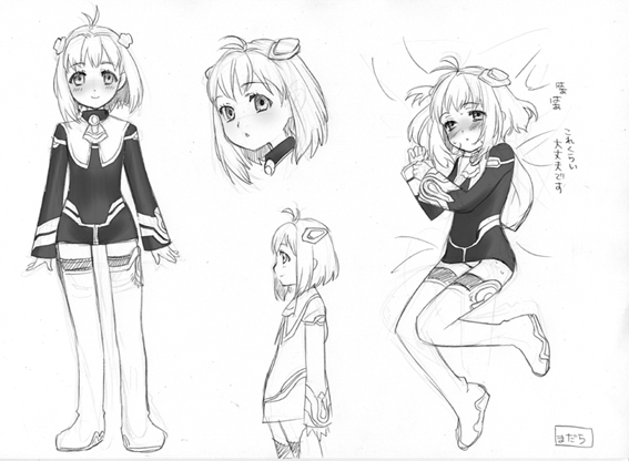 momo mizrahi, xenosaga, translated, 00s, 1girl, :o, antenna hair, ascot, blush, boots, choker, dakimakura (medium), dress, female focus, full body, greyscale, headgear, long sleeves, looking at viewer, lying, monochrome, multiple views, on back, panties, parted lips, reference sheet, short hair, sketch, standing, tareme, thigh boots, thighhighs, underwear, zettai ryouiki