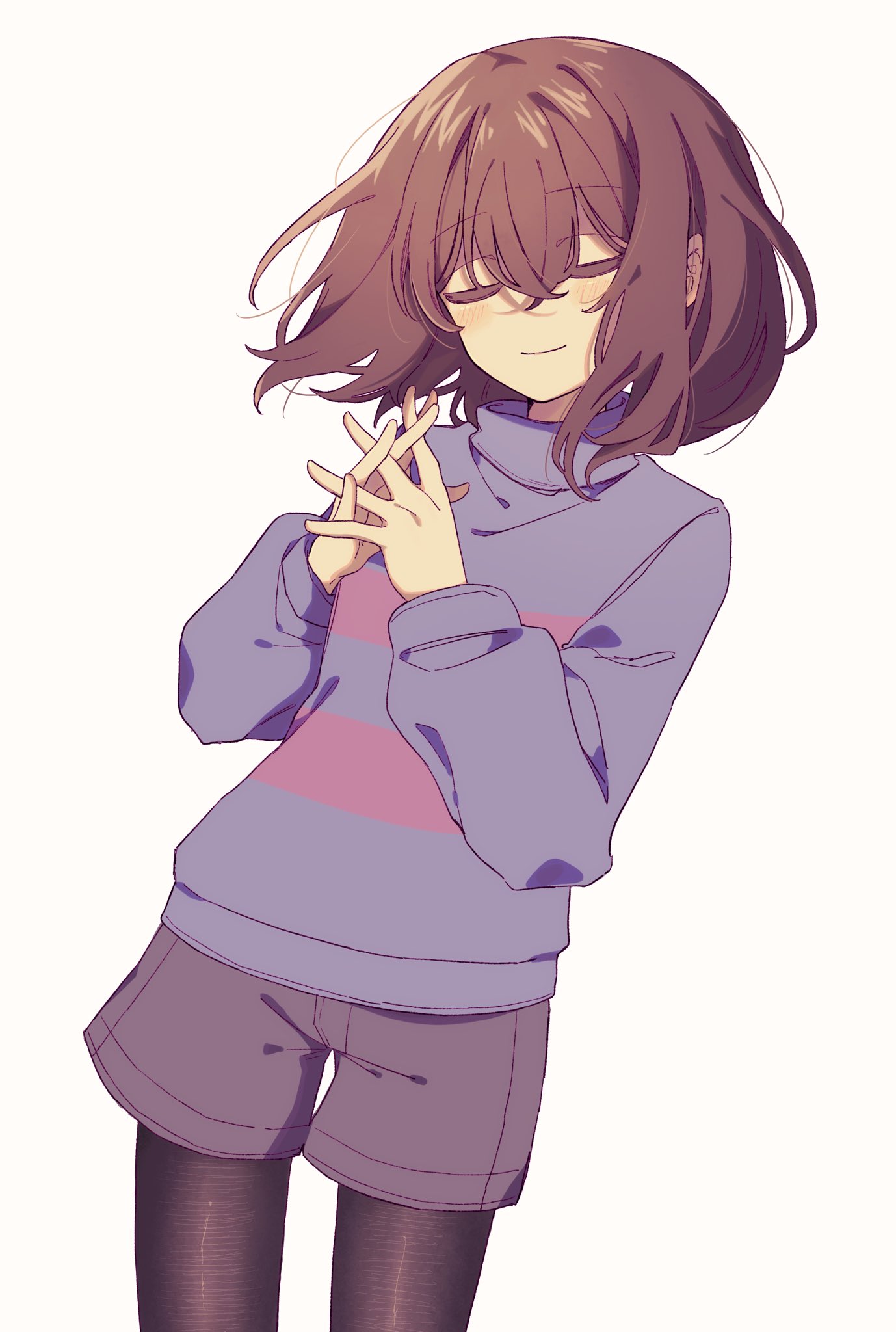 frisk (undertale), undertale, utdr (toby fox), highres, 1other, androgynous, black pantyhose, blue sweater, brown hair, brown shorts, closed mouth, interlocked fingers, okura 0915, pantyhose, shorts, simple background, smile, solo, striped clothes, striped sweater, sweater, white background