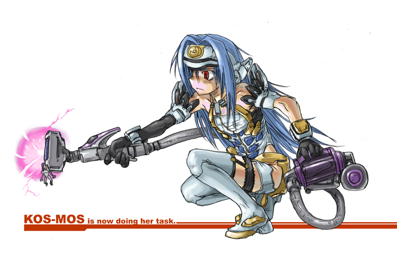 kikai (akita morgue), kos-mos, mokkos, xenosaga, xenosaga episode i, 00s, 1girl, android, blue hair, boots, elbow gloves, female focus, forehead protector, gloves, legwear garter, long hair, red eyes, solo, thigh boots, thighhighs, vacuum cleaner, white thighhighs