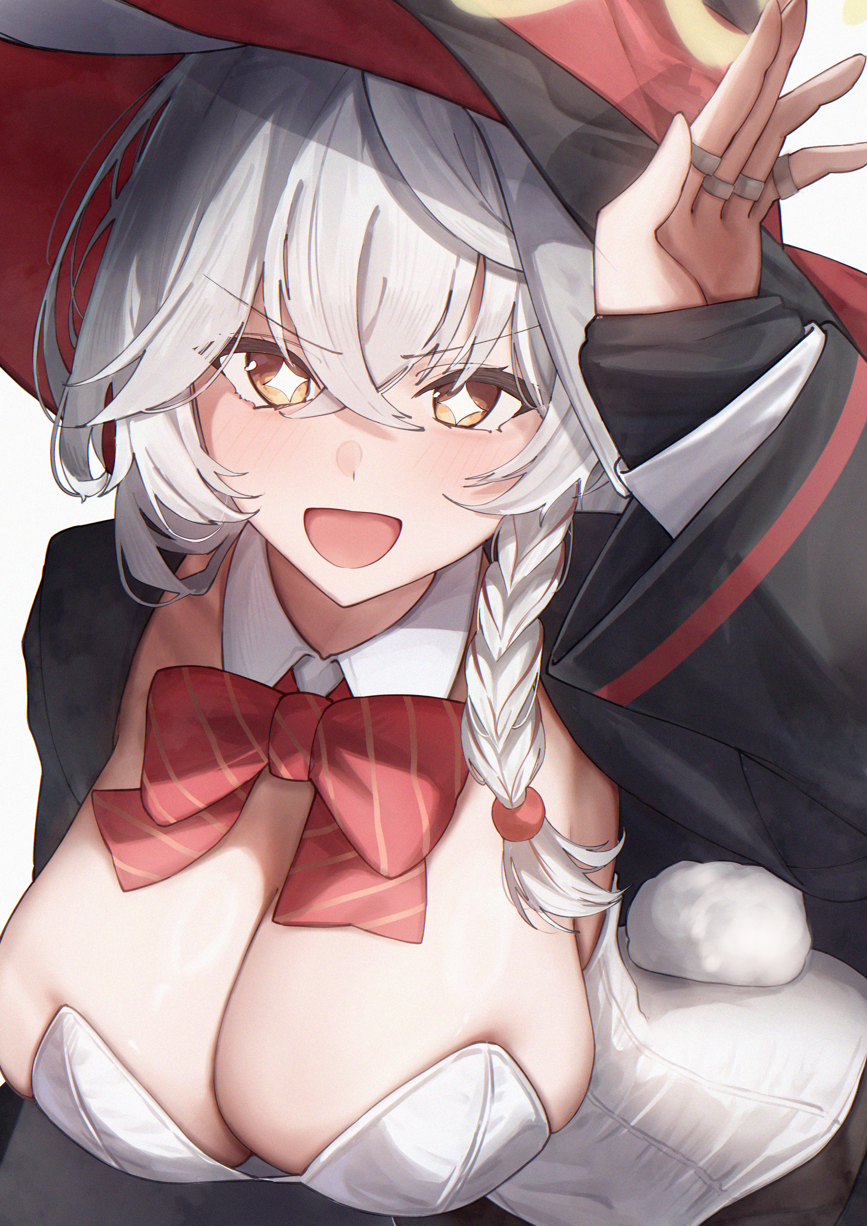 oiru (613), eri (blue archive), blue archive, :d, armpits, bow, bowtie, braid, breasts, cleavage, collar, halo, hat, jacket, jewelry, large breasts, leotard, long coat, long hair, open mouth, orange eyes, pantyhose, rabbit tail, ring, sleeves past wrists, smile, sparkling eyes, white hair, witch hat