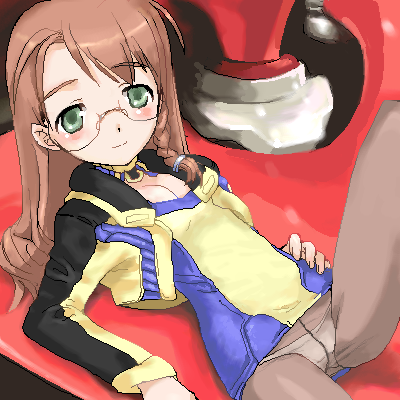 shion uzuki, xenosaga, lowres, 00s, 1girl, blush, braid, breasts, cleavage, crotch seam, female focus, glasses, lowleg, lowleg panties, mecha, oekaki, panties, panties under pantyhose, pantyhose, robot, single braid, small breasts, solo, underwear, upskirt, vest