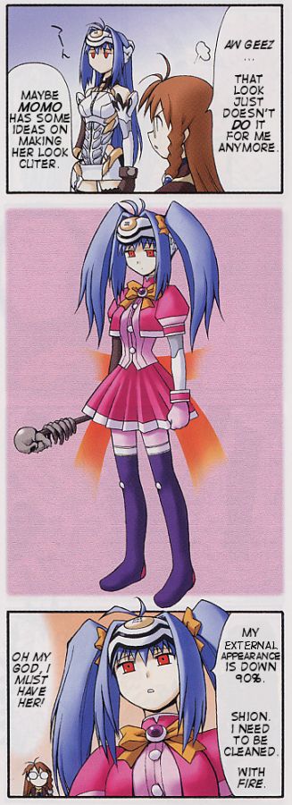 kos-mos, shion uzuki, xeno (series), xenosaga, xenosaga episode i, baton, hard-translated, third-party edit, 2girls, 4koma, blue hair, braid, brown hair, comic, cosplay, crossover, dress, glasses, long hair, magical girl, multiple girls, parody, red eyes, side braid, thighhighs