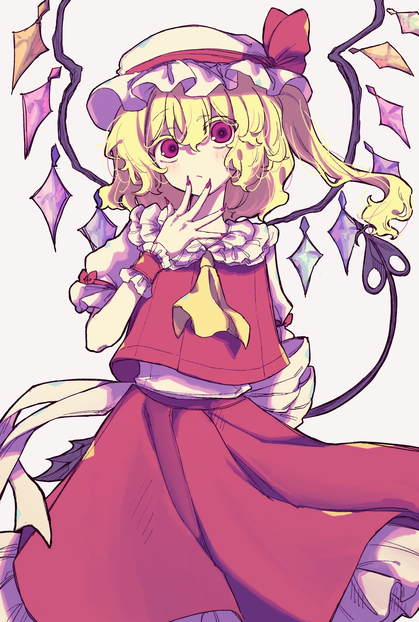 flandre scarlet, touhou, highres, 1girl, ascot, blonde hair, crystal, crystal wings, fingernails, hat, hat ribbon, laevatein (touhou), long fingernails, looking at viewer, mob cap, multicolored wings, okura 0915, one side up, red eyes, red nails, red skirt, red vest, ribbon, scrunchie, side ponytail, simple background, skirt, skirt set, solo, vest, white background, white hat, wings, wrist scrunchie, yellow ascot
