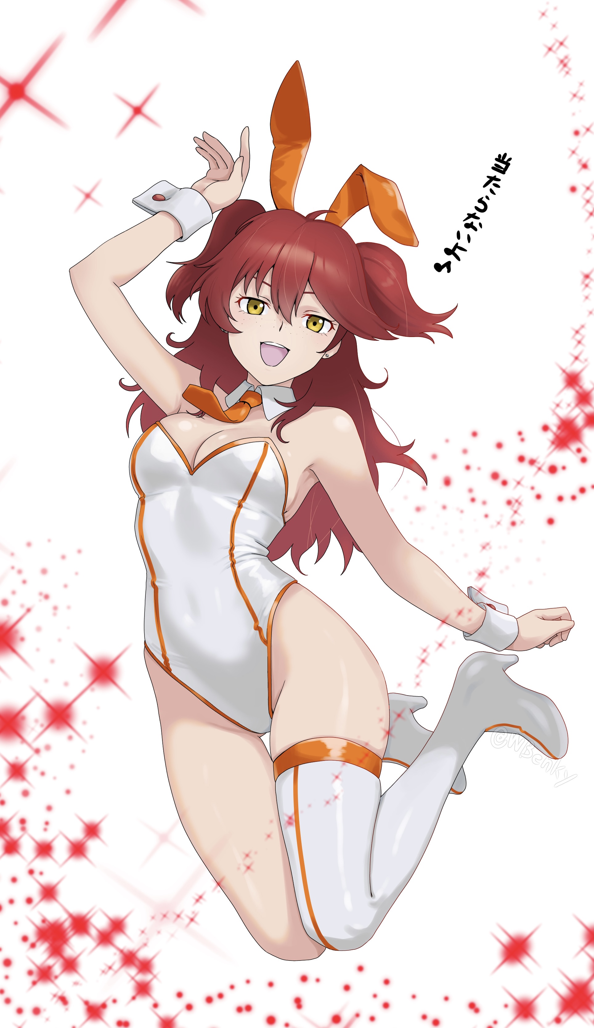 aojiru udon, nena trinity, gundam, gundam 00, absurdres, commentary request, highres, paid reward available, translation request, 1girl, :d, alternate costume, animal ear hairband, animal ears, arm up, armpits, asymmetrical footwear, bare shoulders, boots, breasts, cleavage, covered navel, detached collar, earrings, fake animal ears, freckles, full body, groin, hair between eyes, hairband, high heel boots, high heels, highleg, highleg leotard, jewelry, leotard, long hair, looking at viewer, medium breasts, necktie, open mouth, orange necktie, playboy bunny, rabbit ear hairband, rabbit ears, red hair, sidelocks, single thigh boot, skindentation, smile, solo, sparkle, strapless, strapless leotard, teeth, thigh boots, two side up, upper teeth only, white background, white boots, white leotard, white wrist cuffs, wrist cuffs, yellow eyes