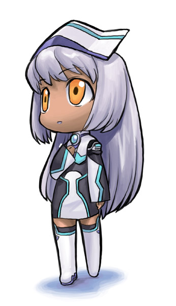 kirschwasser, xenosaga, 00s, 1girl, boots, chibi, chibi only, dark-skinned female, dark skin, female focus, full body, long hair, simple background, solo, standing, thighhighs