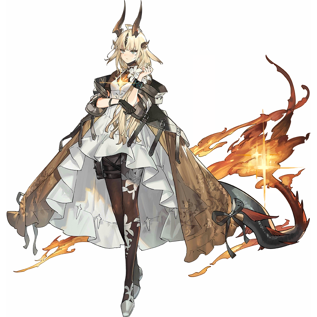 starshadowmagician, reed (arknights), reed the flame shadow (arknights), arknights, official art, third-party source, 1girl, black gloves, black leggings, blue eyes, brown coat, coat, dragon girl, dragon horns, dragon tail, dress, fire, flame-tipped tail, flower, full body, glove garter, gloves, hair flower, hair ornament, high-low dress, horns, leggings, light in heart, long hair, open clothes, open coat, tachi-e, tail, transparent background