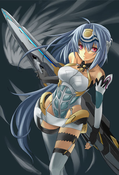 kos-mos, xenosaga, xenosaga episode i, 00s, 1girl, ahoge, asymmetrical clothes, bare shoulders, blue hair, detached sleeves, female focus, fingerless gloves, floating hair, frilled thigh strap, gloves, grey hair, long hair, looking at viewer, mecha musume, red eyes, solo, thigh strap, thighhighs, very long hair, weapon