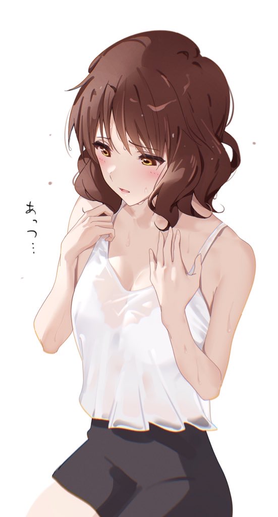 lie lack1080, oumae kumiko, hibike! euphonium, commentary request, translated, 1girl, blush, bra, bra visible through clothes, breasts, brown eyes, brown hair, camisole, cleavage, open mouth, short hair, simple background, solo, sweat, underwear, white background, white bra, white camisole