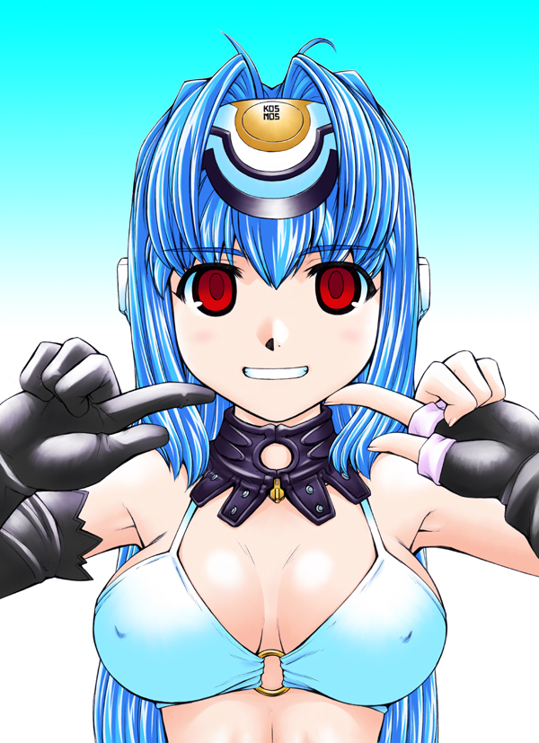 nakajima rei, kos-mos, xenosaga, 00s, 1girl, bikini, black gloves, blue hair, breasts, collar, covered erect nipples, elbow gloves, female focus, gloves, gradient background, large breasts, long hair, looking at viewer, o-ring, o-ring bikini, o-ring top, pointing, red eyes, simple background, smile, solo, swimsuit, upper body