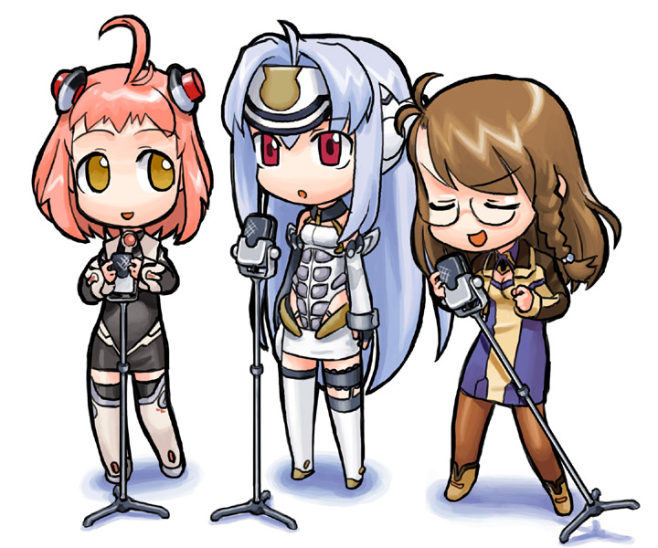 hirai yukio, kos-mos, momo mizrahi, shion uzuki, xenosaga, xenosaga episode i, ahoge, antenna hair, blue eyes, brown hair, chibi, closed eyes, long hair, microphone, microphone stand, pantyhose, pink hair, red eyes, short hair, singing, thighhighs, yellow eyes