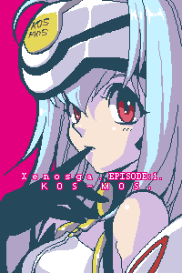 sasaki tomomi, kos-mos, xenosaga, xenosaga episode i, lowres, 00s, 1girl, adjusting clothes, adjusting gloves, biting, biting glove, black gloves, blue hair, character name, copyright name, female focus, finger to mouth, gloves, oekaki, red eyes, solo, upper body