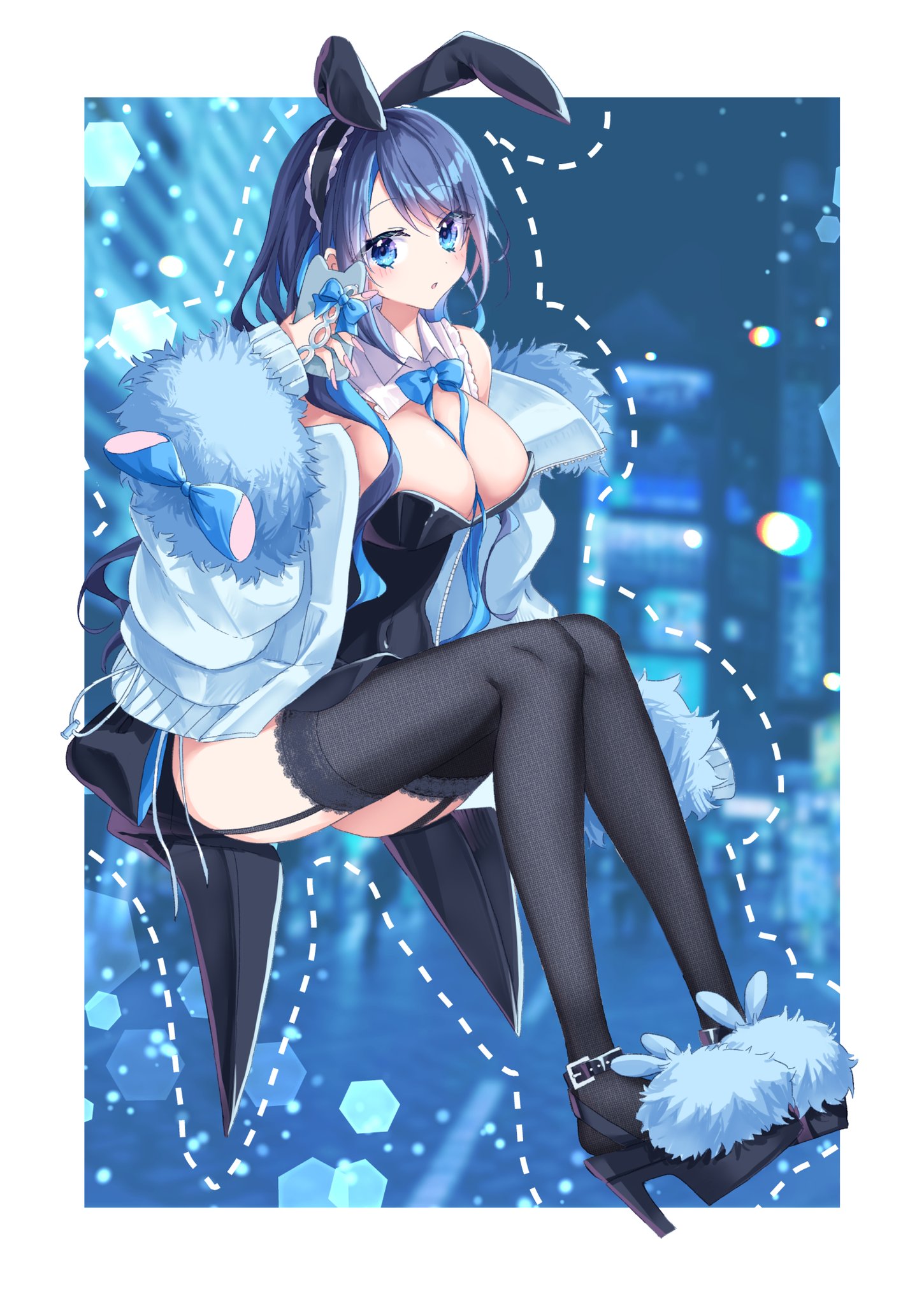 shiohari kanna, original, highres, 1girl, animal ear hairband, animal ears, black leotard, black shoes, black thighhighs, blue bow, blue eyes, blue hair, blue jacket, bow, breasts, cleavage, collar, detached collar, fake animal ears, fur-trimmed jacket, fur trim, garter straps, hairband, high heels, holding, holding phone, jacket, large breasts, leotard, long hair, off shoulder, open clothes, open jacket, phone, playboy bunny, rabbit ears, shoes, solo, thighhighs, white collar